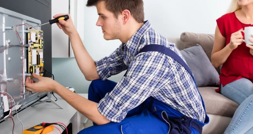 Technician repairing LED TV at home – expert service by Karthikeya TV Services in Hyderabad
